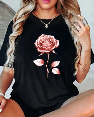 Rose Blossom Summer Cotton Graphic T Shirt - Vintage Chic, Short Sleeve, Soft Fabric, Comfortable Fit