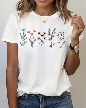 Wildflower Botanical Illustration Summer Cotton Graphic T Shirt - Vintage Artistic, Short Sleeve, Soft Fabric, Comfortable Fit
