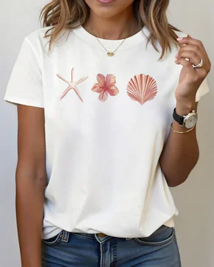 Starfish Flower Seashell Summer Cotton Graphic T Shirt - Casual Beach, Short Sleeve, Soft Fabric, Comfortable Fit