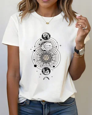 Celestial Sun and Moon Orbit Design Summer Cotton Graphic T Shirt - Vintage Artistic, Short Sleeve, Soft Fabric, Comfortable Fit