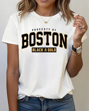 Boston Black and Gold Summer Cotton Graphic T Shirt - Casual Vintage, Short Sleeve, Soft Fabric, Comfortable Fit