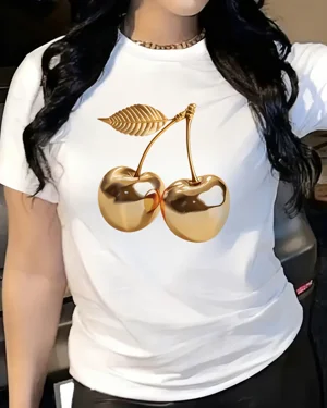 Golden Cherries Summer Cotton Graphic T Shirt - Chic Modern,Short Sleeve,Soft Fabric,Comfortable Fit