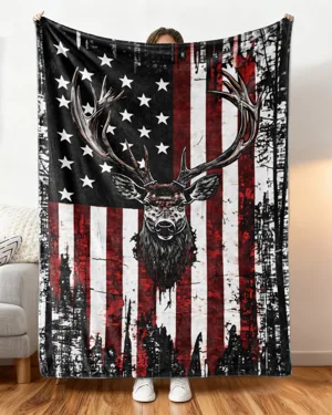 Patriotic Deer American Flag Hunting Gift Blanket-Cozy Classic,Warm,Plush,Durable,For Couch,For Bed