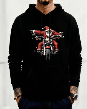 Christmas Santa Riding Motorcycle Cozy Graphic Hoodie for Men and Women - Cool Retro, Long Sleeve, Soft Fabric, Comfortable Fit