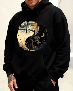 Yin Yang Tree of Life Day and Night Summer Cozy Graphic Hoodie-Artistic Vintage,Long Sleeve,Soft Fabric,Comfortable Fit