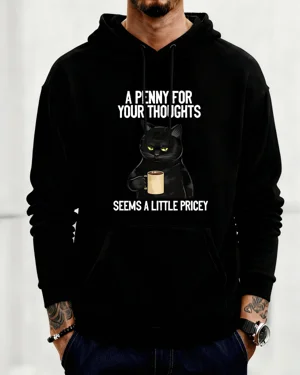 A Penny for Your Thoughts Cat Coffee Cozy Cotton Graphic Hoodie-Funny Casual,Long Sleeves,Soft Fabric,Comfortable Fit