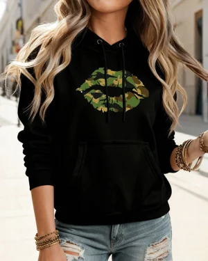 Camouflage Lip Print Cozy Cotton Graphic Hoodie with Pocket - Casual Trendy,Long Sleeve,Soft Fabric,Comfortable Fit
