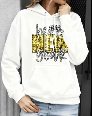 Happy New Year Glitter Gold Text Cozy Graphic Hoodie for Men and Women - Trendy Graphic, Long Sleeve, Soft Fabric, Comfortable Fit