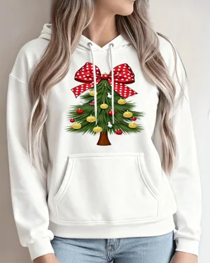 Christmas Tree with Polka Dot Bow Summer Cozy Graphic Hoodie - Casual Vintage, Long Sleeve, Soft Fabric, Comfortable Fit
