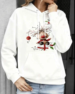 Cute Christmas Reindeer with Holly and Ornament Summer Cozy Graphic Hoodie - Casual Funny, Long Sleeve, Soft Fabric, Comfortable Fit