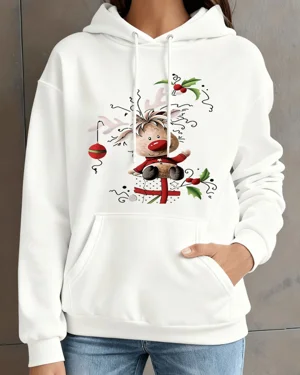 Christmas Reindeer with Holly and Ornament Summer Cozy Graphic Hoodie - Casual Vintage, Long Sleeve, Soft Fabric, Comfortable Fit