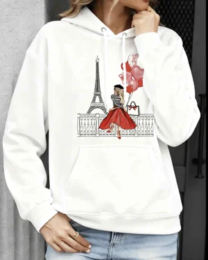 Paris Eiffel Tower Girl with Heart Balloons Cozy Cotton Graphic Hoodie-Chic Vintage,Long Sleeves,Soft Fabric,Comfortable Fit