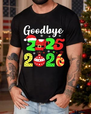 Goodbye 2025 Hello 2026 New Year Festive Design Summer Cotton Graphic T Shirt - Casual Retro, Short Sleeve, Soft Fabric, Comfortable Fit