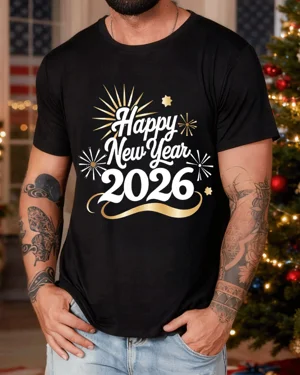 Happy 2026 New Year Fireworks Summer Cotton Graphic T Shirt - Casual Vintage, Short Sleeve, Soft Fabric, Comfortable Fit