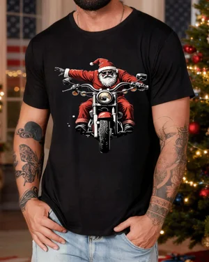 Christmas Santa Riding Motorcycle Summer Cotton Graphic T Shirt - Cool Retro, Short Sleeve, Soft Fabric, Comfortable Fit