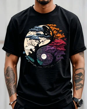 Yin Yang Four Seasons Tree Art Summer Cotton Graphic T Shirt-Artistic Vintage,Short Sleeve,Soft Fabric,Comfortable Fit