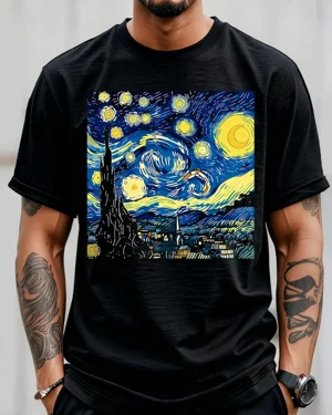 Starry Night Art Print Summer Cotton Graphic T Shirt - Vintage Artistic,Short Sleeve,Soft Fabric,Comfortable Fit