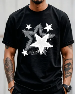 Shining Silver Stars Summer Cotton Graphic T Shirt - Vintage Artistic,Short Sleeve,Soft Fabric,Comfortable Fit