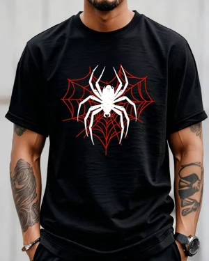 White Spider and Red Web Summer Cotton Graphic T Shirt - Vintage Artistic,Short Sleeve,Soft Fabric,Comfortable Fit