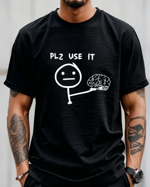 PLZ USE IT Stick Figure Brain Meme Summer Cotton Graphic T Shirt - Funny Retro,Short Sleeve,Soft Fabric,Comfortable Fit