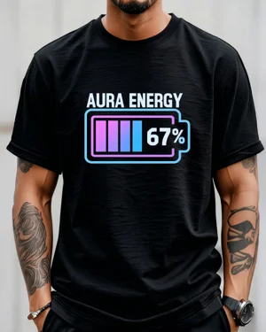 Aura Energy 67 Percent Battery Gauge Summer Cotton Graphic T Shirt - Retro Funny,Short Sleeve,Soft Fabric,Comfortable Fit