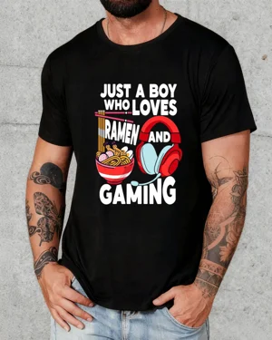 Just a Boy Who Loves Ramen and Gaming Summer Cotton Graphic T Shirt - Funny Casual,Short Sleeve,Soft Fabric,Comfortable Fit