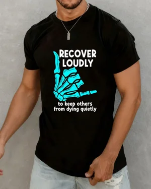 Recover Loudly Skeleton Hand Summer Cotton Graphic T Shirt - Casual Artistic,Short Sleeve,Soft Fabric,Comfortable Fit