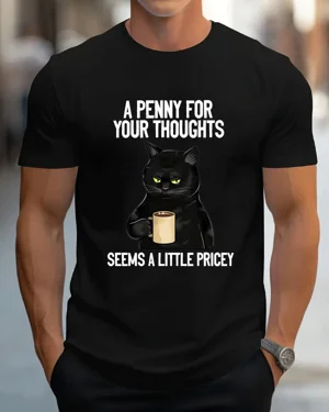 A Penny for Your Thoughts Cat Coffee Summer Cotton Graphic T Shirt-Funny Casual,Short Sleeve,Soft Fabric,Comfortable Fit