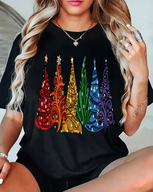 Colorful Christmas Trees Summer Cotton Graphic T Shirt - Casual Artistic,Short Sleeve,Soft Fabric,Comfortable Fit