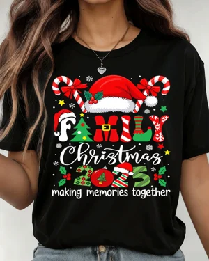 Family Christmas 2025 Making Memories Together Summer Cotton Graphic T Shirt - Casual Vintage,Short Sleeve,Soft Fabric,Comfortable Fit