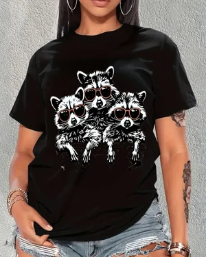 Cool Sunglasses Raccoon Trio Summer Cotton Graphic T Shirt - Casual Funny, Short Sleeve, Soft Fabric, Comfortable Fit