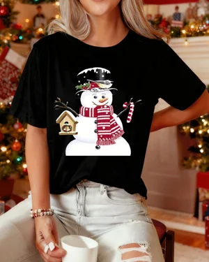 Christmas Snowman with Birdhouse and Candy Cane Summer Cotton Graphic T Shirt - Casual Vintage, Short Sleeve, Soft Fabric, Comfortable Fit