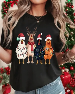 Christmas Chickens and Reindeer in Santa Hats Summer Cotton Graphic T Shirt - Funny Retro, Short Sleeve, Soft Fabric, Comfortable Fit