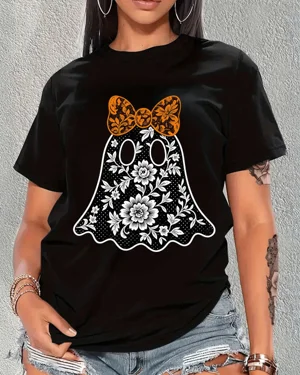 Floral Ghost with Orange Bow Summer Cotton Graphic T Shirt-Vintage Artistic,Short Sleeve,Soft Fabric,Comfortable Fit