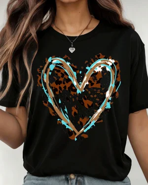 Leopard Print Aqua Brush Heart Summer Cotton Graphic T Shirt-Casual Artistic,Short Sleeve,Soft Fabric,Comfortable Fit