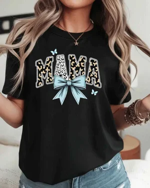 Mama Leopard Print Blue Bow Summer Cotton Graphic T Shirt-Casual Chic,Short Sleeve,Soft Fabric,Comfortable Fit