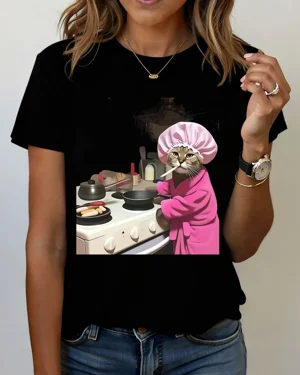 Cooking Cat in Pink Robe...