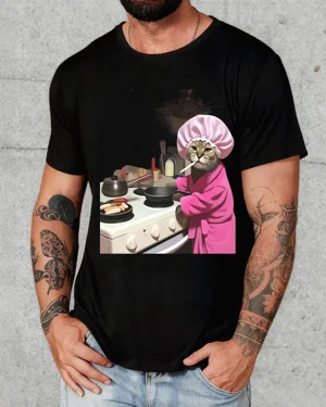 Cooking Cat in Pink Robe...