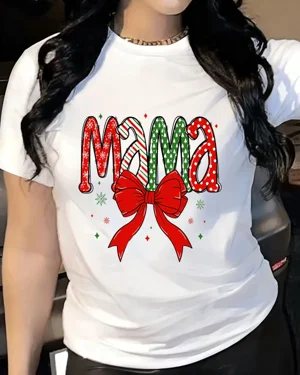Christmas Mama Mom Bow Summer Cotton Graphic T Shirt - Casual Festive, Short Sleeve, Soft Fabric, Comfortable Fit
