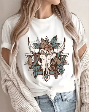 Boho Bull Skull with Floral...