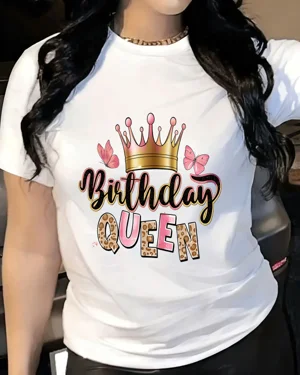 Birthday Queen Crown and Butterflies Summer Cotton Graphic T Shirt - Casual Trendy, Short Sleeve, Soft Fabric, Comfortable Fit