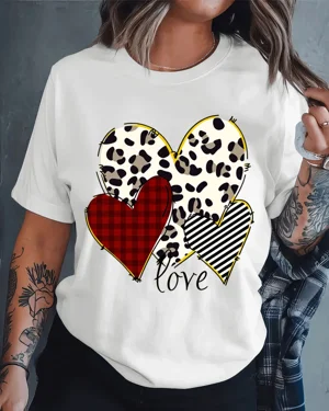 Love Leopard Plaid Striped Hearts Summer Cotton Graphic T Shirt - Casual Chic, Short Sleeve, Soft Fabric, Comfortable Fit