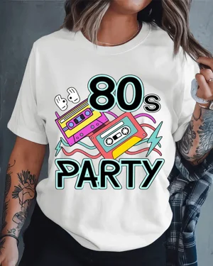 80s Party Cassette Tape Summer Cotton Graphic T Shirt - Retro Vintage, Short Sleeve, Soft Fabric, Comfortable Fit