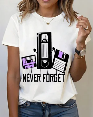 Never Forget Retro Media Summer Cotton Graphic T Shirt - Vintage Graphic, Short Sleeve, Soft Fabric, Comfortable Fit