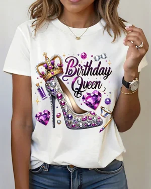 Birthday Queen Jeweled High Heel and Crown Summer Cotton Graphic T Shirt - Chic Artistic, Short Sleeve, Soft Fabric, Comfortable Fit