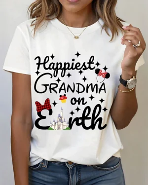 Happiest Birthday Grandma on Earth Summer Cotton Graphic T Shirt - Casual Vintage, Short Sleeve, Soft Fabric, Comfortable Fit
