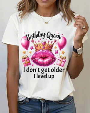 Birthday Queen Crown Lips Balloons and Gifts Summer Cotton Graphic T Shirt - Funny Chic, Short Sleeve, Soft Fabric, Comfortable Fit