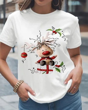 Cute Christmas Reindeer with Holly and Ornament Summer Cotton Graphic T Shirt - Casual Funny,Short Sleeve,Soft Fabric,Comfortable Fit