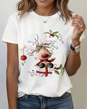Christmas Reindeer with Holly and Ornament Summer Cotton Graphic T Shirt - Casual Vintage,Short Sleeve,Soft Fabric,Comfortable Fit
