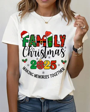 Family Christmas 2025 Making Memories Together Summer Cotton Graphic T Shirt - Casual Vintage,Short Sleeve,Soft Fabric,Comfortable Fit